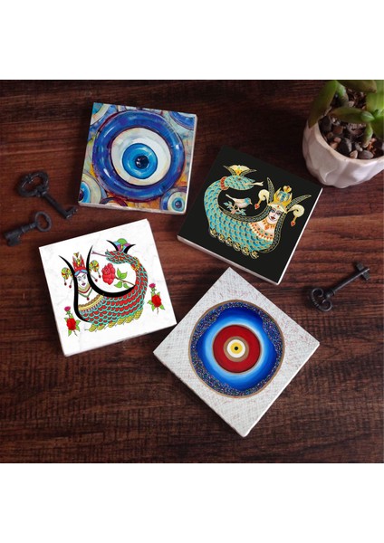 Stone Nazar, Şahmeran Taş Bardak Altlığı – 4’lü Set, 10x10 cm Dekoratif Masaüstü Koruyucu Doğaltaş Altlık |SC380|