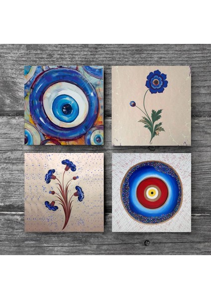 Stone Nazar, Ebru Sanatı Taş Bardak Altlığı – 4’lü Set, 10x10 cm Dekoratif Masaüstü Koruyucu Doğaltaş Altlık |SC381| modelleri