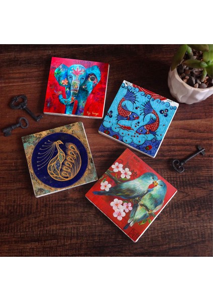 Stone Fil, Kuş, Tavus Kuşu, Çini Sanatı Balık Taş Bardak Altlığı – 4’lü Set, 10x10 cm Dekoratif Masaüstü Koruyucu Doğaltaş Altlık |SC185|