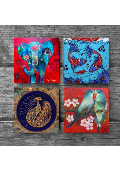 Stone Fil, Kuş, Tavus Kuşu, Çini Sanatı Balık Taş Bardak Altlığı – 4’lü Set, 10x10 cm Dekoratif Masaüstü Koruyucu Doğaltaş Altlık |SC185| modelleri