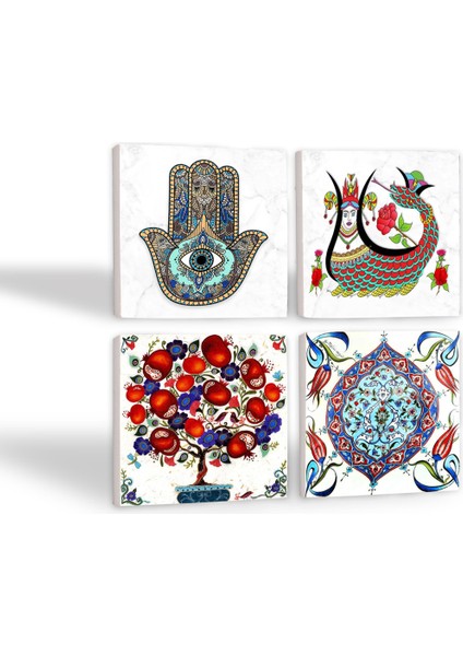 Şahmeran, Çini Sanatı, Nar Ağacı, Fatma Ana Eli (Hamsa) Taş Bardak Altlığı – 4’lü Set, 10x10 cm Dekoratif Masaüstü Koruyucu Doğaltaş Altlık |SC186| fiyatları