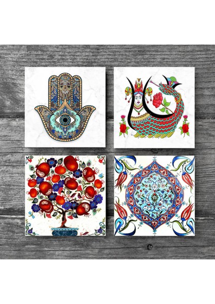 Şahmeran, Çini Sanatı, Nar Ağacı, Fatma Ana Eli (Hamsa) Taş Bardak Altlığı – 4’lü Set, 10x10 cm Dekoratif Masaüstü Koruyucu Doğaltaş Altlık |SC186| modelleri
