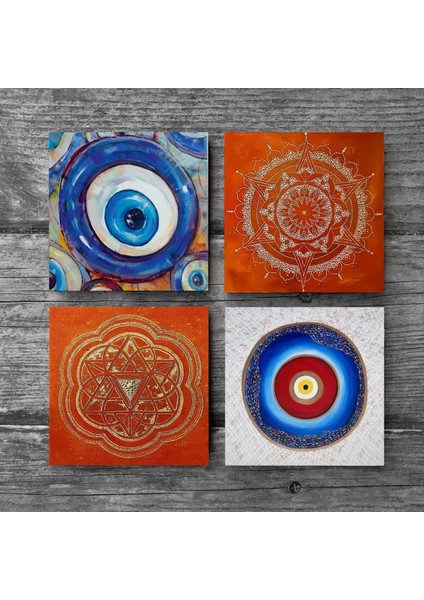 Nazar, Sri Yantra, Mandala Taş Bardak Altlığı – 4’lü Set, 10x10 cm Dekoratif Masaüstü Koruyucu Doğaltaş Altlık |SC382| modelleri