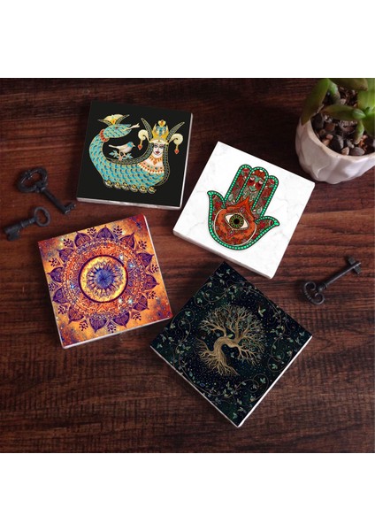 Stone Mandala, Fatma Ana Eli (Hamsa), Hayat Ağacı, Şahmeran Taş Bardak Altlığı – 4’lü Set, 10x10 cm Dekoratif Masaüstü Koruyucu Doğaltaş Altlık |SC187|
