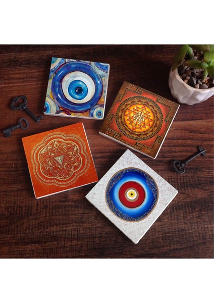 Stone Nazar, Sri Yantra Taş Bardak Altlığı – 4’lü Set, 10x10 cm Dekoratif Masaüstü Koruyucu Doğaltaş Altlık |SC383|
