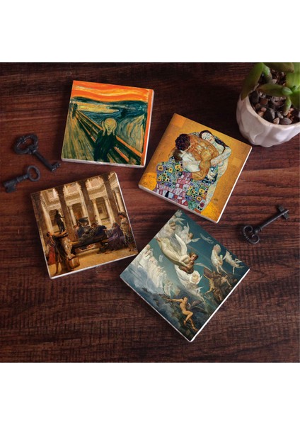 Çığlık, Gustav Klimt Aile Kucaklama, Bir Roma Sanat Aşığı, Ruhların Geçişi Taş Bardak Altlığı – 4’lü Set, 10x10 cm Dekoratif Masaüstü Koruyucu Doğaltaş Altlık |SC588|