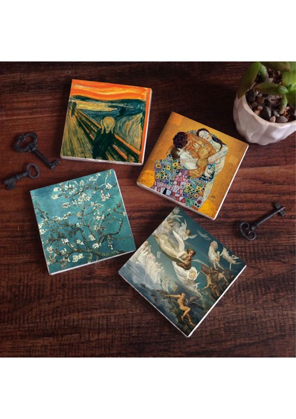 Çığlık, Van Gogh Badem Ağacı, Gustav Klimt Aile Kucaklama, Ruhların Geçişi Taş Bardak Altlığı – 4’lü Set, 10x10 cm Dekoratif Masaüstü Koruyucu Doğaltaş Altlık |SC590|