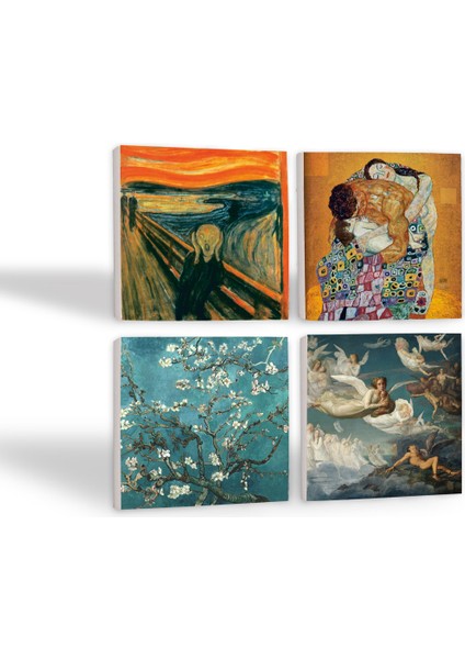 Çığlık, Van Gogh Badem Ağacı, Gustav Klimt Aile Kucaklama, Ruhların Geçişi Taş Bardak Altlığı – 4’lü Set, 10x10 cm Dekoratif Masaüstü Koruyucu Doğaltaş Altlık |SC590| fiyatları