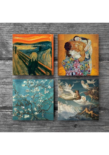 Çığlık, Van Gogh Badem Ağacı, Gustav Klimt Aile Kucaklama, Ruhların Geçişi Taş Bardak Altlığı – 4’lü Set, 10x10 cm Dekoratif Masaüstü Koruyucu Doğaltaş Altlık |SC590| modelleri