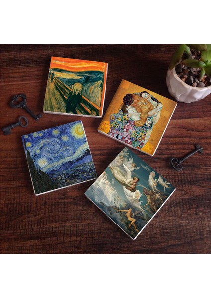 Çığlık, Van Gogh Yıldızlı Gece, Klimt Aile Kucaklama, Ruhların Geçişi Taş Bardak Altlığı – 4’lü Set, 10x10 cm Dekoratif Masaüstü Koruyucu Doğaltaş Altlık |SC591|