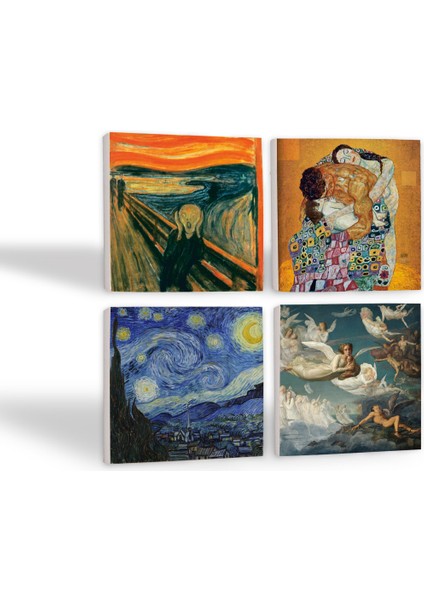 Çığlık, Van Gogh Yıldızlı Gece, Klimt Aile Kucaklama, Ruhların Geçişi Taş Bardak Altlığı – 4’lü Set, 10x10 cm Dekoratif Masaüstü Koruyucu Doğaltaş Altlık |SC591| fiyatları