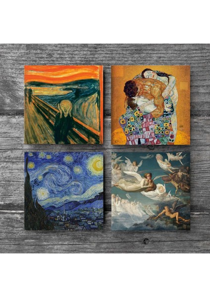 Çığlık, Van Gogh Yıldızlı Gece, Klimt Aile Kucaklama, Ruhların Geçişi Taş Bardak Altlığı – 4’lü Set, 10x10 cm Dekoratif Masaüstü Koruyucu Doğaltaş Altlık |SC591| modelleri