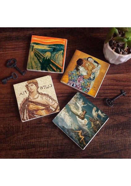 Çığlık, Soteria Mozaiği, Gustav Klimt Aile Kucaklama, Ruhların Geçişi Taş Bardak Altlığı – 4’lü Set, 10x10 cm Dekoratif Masaüstü Koruyucu Doğaltaş Altlık |SC594|