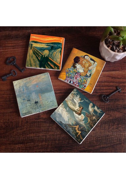 Monet Gün Doğumu, Çığlık, Klimt Aile Kucaklama, Ruhların Geçişi Taş Bardak Altlığı Masaüstü Koruyucu Altlık 4 Parça Set 10x10cm Stone Coasters SC597