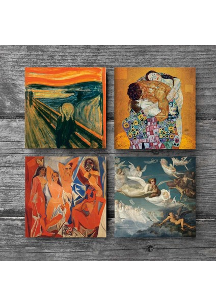 Picasso Avignonlu Kızlar, Çığlık, Klimt Aile Kucaklama, Ruhların Geçişi Taş Bardak Altlığı – 4’lü Set, 10x10 cm Dekoratif Masaüstü Koruyucu Doğaltaş Altlık |SC598| modelleri