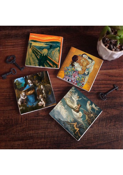 Da Vinci Kayalıklar Bakiresi, Çığlık, Klimt Aile Kucaklama, Ruhların Geçişi Taş Bardak Altlığı Masaüstü Koruyucu Altlık 4 Parça Set 10x10cm Stone Coasters SC599