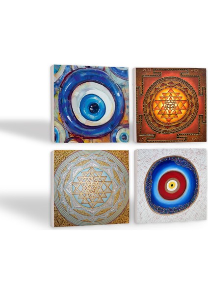 Nazar, Sri Yantra Taş Bardak Altlığı Masaüstü Koruyucu Altlık 4 Parça Set 10x10cm Stone Coasters SC384 fiyatları