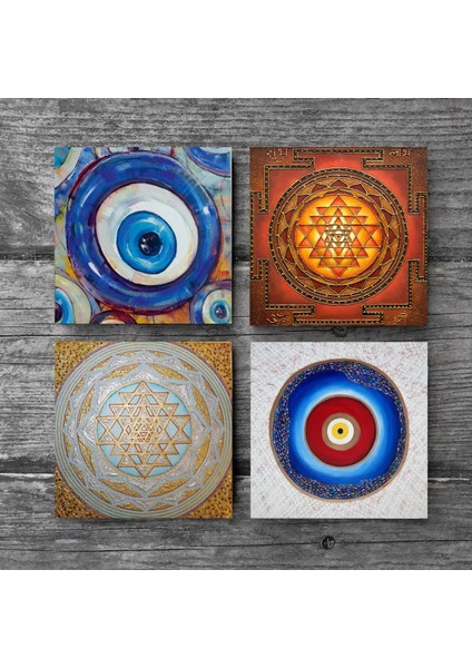Nazar, Sri Yantra Taş Bardak Altlığı Masaüstü Koruyucu Altlık 4 Parça Set 10x10cm Stone Coasters SC384 modelleri