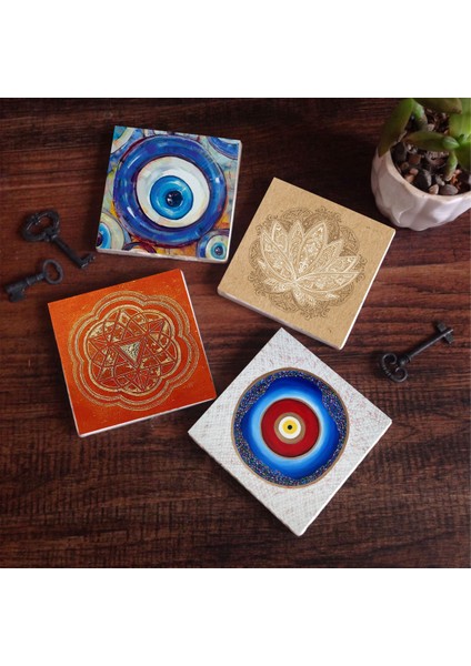 Nazar, Lotus Çiçeği, Sri Yantra Taş Bardak Altlığı – 4’lü Set, 10x10 cm Dekoratif Masaüstü Koruyucu Doğaltaş Altlık |SC386|