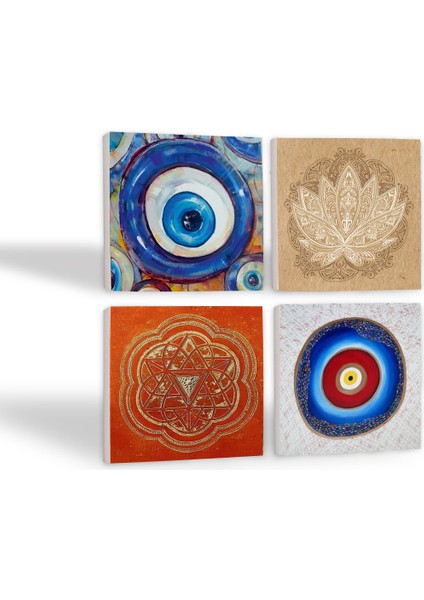 Nazar, Lotus Çiçeği, Sri Yantra Taş Bardak Altlığı – 4’lü Set, 10x10 cm Dekoratif Masaüstü Koruyucu Doğaltaş Altlık |SC386| fiyatları