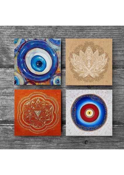 Nazar, Lotus Çiçeği, Sri Yantra Taş Bardak Altlığı – 4’lü Set, 10x10 cm Dekoratif Masaüstü Koruyucu Doğaltaş Altlık |SC386| modelleri