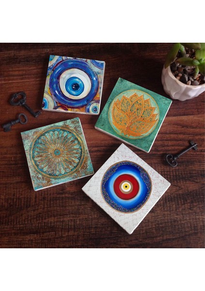 Stone Nazar, Lotus Çiçeği, Yaşam Çiçeği Taş Bardak Altlığı – 4’lü Set, 10x10 cm Dekoratif Masaüstü Koruyucu Doğaltaş Altlık |SC389|