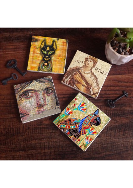 Soteria Mozaiği, Çingene Kızı, Antik Mısır Taş Bardak Altlığı Masaüstü Koruyucu Altlık 4 Parça Set 10x10cm Stone Coasters SC194
