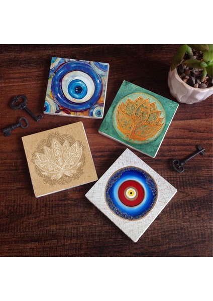 Stone Nazar, Lotus Çiçeği Taş Bardak Altlığı – 4’lü Set, 10x10 cm Dekoratif Masaüstü Koruyucu Doğaltaş Altlık |SC390|