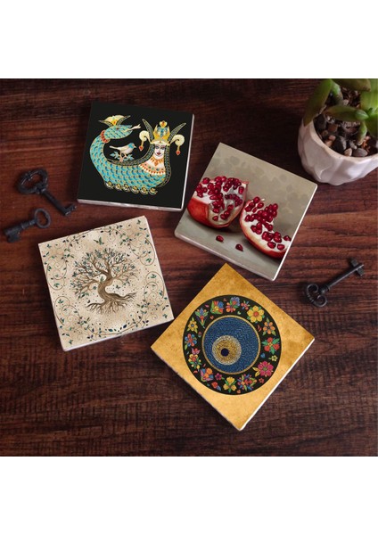 Nazar Boncuğu, Şahmeran, Hayat Ağacı, Nar Taş Bardak Altlığı – 4’lü Set, 10x10 cm Dekoratif Masaüstü Koruyucu Doğaltaş Altlık |SC195|