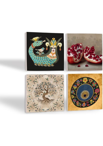 Nazar Boncuğu, Şahmeran, Hayat Ağacı, Nar Taş Bardak Altlığı – 4’lü Set, 10x10 cm Dekoratif Masaüstü Koruyucu Doğaltaş Altlık |SC195| fiyatları