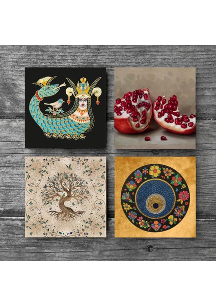Nazar Boncuğu, Şahmeran, Hayat Ağacı, Nar Taş Bardak Altlığı – 4’lü Set, 10x10 cm Dekoratif Masaüstü Koruyucu Doğaltaş Altlık |SC195| modelleri