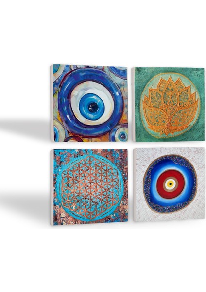Nazar, Yaşam Çiçeği, Lotus Çiçeği Taş Bardak Altlığı Masaüstü Koruyucu Altlık 4 Parça Set 10x10cm Stone Coasters SC391 fiyatları