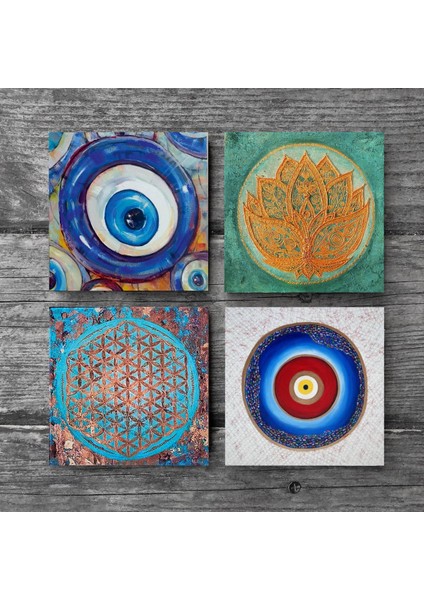 Nazar, Yaşam Çiçeği, Lotus Çiçeği Taş Bardak Altlığı Masaüstü Koruyucu Altlık 4 Parça Set 10x10cm Stone Coasters SC391 modelleri