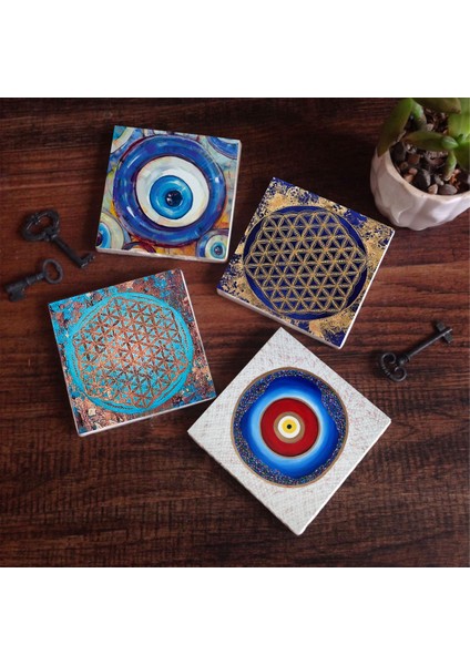 Stone Nazar, Yaşam Çiçeği Taş Bardak Altlığı – 4’lü Set, 10x10 cm Dekoratif Masaüstü Koruyucu Doğaltaş Altlık |SC392|