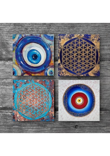 Stone Nazar, Yaşam Çiçeği Taş Bardak Altlığı – 4’lü Set, 10x10 cm Dekoratif Masaüstü Koruyucu Doğaltaş Altlık |SC392| modelleri
