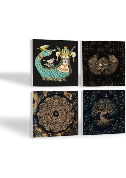 Horus'un Gözü, Sri Yantra, Hayat Ağacı, Şahmeran Taş Bardak Altlığı – 4’lü Set, 10x10 cm Dekoratif Masaüstü Koruyucu Doğaltaş Altlık |SC197| fiyatları