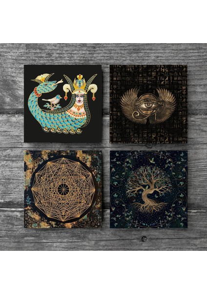 Horus'un Gözü, Sri Yantra, Hayat Ağacı, Şahmeran Taş Bardak Altlığı – 4’lü Set, 10x10 cm Dekoratif Masaüstü Koruyucu Doğaltaş Altlık |SC197| modelleri