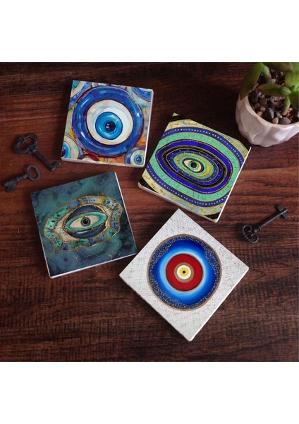 Stone Nazar Taş Bardak Altlığı – 4’lü Set, 10x10 cm Dekoratif Masaüstü Koruyucu Doğaltaş Altlık |SC395|