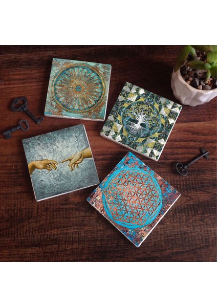 Hayat Ağacı, Michelangelo Adem'in Yaratılışı, Yaşam Çiçeği Taş Bardak Altlığı Masaüstü Koruyucu Altlık 4 Parça Set 10x10cm Stone Coasters SC200