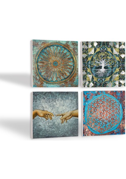 Hayat Ağacı, Michelangelo Adem'in Yaratılışı, Yaşam Çiçeği Taş Bardak Altlığı Masaüstü Koruyucu Altlık 4 Parça Set 10x10cm Stone Coasters SC200