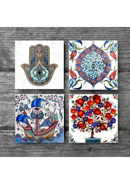 Stone Çini Sanatı, Yelkenli Gemi, Nar Ağacı, Fatma Ana Eli (Hamsa) Taş Bardak Altlığı – 4’lü Set, 10x10 cm Dekoratif Masaüstü Koruyucu Doğaltaş Altlık |SC201| modelleri