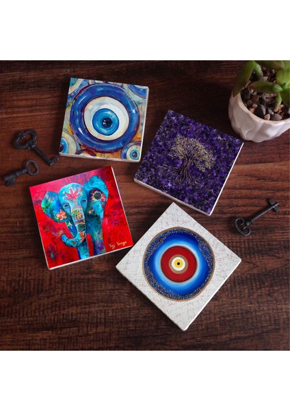 Stone Nazar, Hayat Ağacı, Fil Taş Bardak Altlığı – 4’lü Set, 10x10 cm Dekoratif Masaüstü Koruyucu Doğaltaş Altlık |SC398|