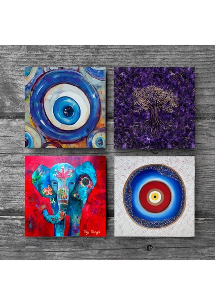 Stone Nazar, Hayat Ağacı, Fil Taş Bardak Altlığı – 4’lü Set, 10x10 cm Dekoratif Masaüstü Koruyucu Doğaltaş Altlık |SC398| modelleri