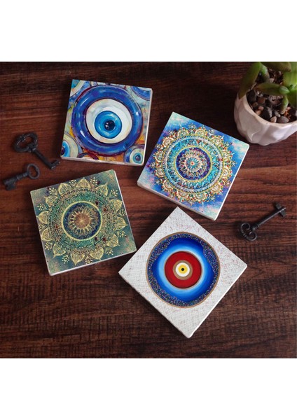 Nazar, Mandala Taş Bardak Altlığı Masaüstü Koruyucu Altlık 4 Parça Set 10x10cm Stone Coasters SC399