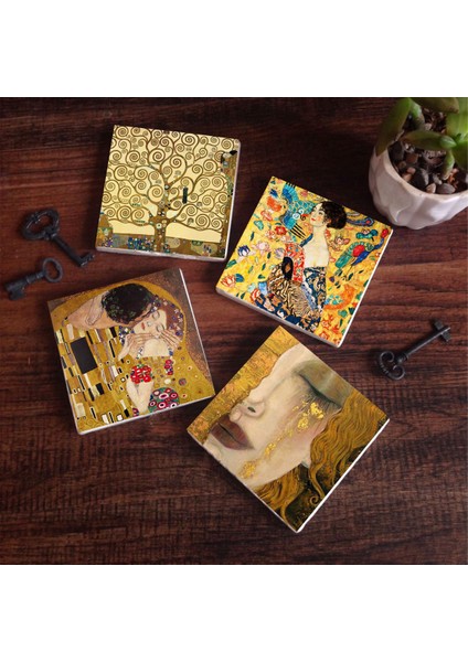 Gustav Klimt Yelpazeli Kadın, Altın Gözyaşları, Öpücük, Hayat Ağacı Taş Bardak Altlığı Masaüstü Koruyucu Altlık 4 Parça Set 10x10cm Stone Coasters SC205