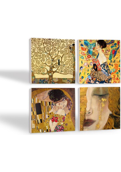Gustav Klimt Yelpazeli Kadın, Altın Gözyaşları, Öpücük, Hayat Ağacı Taş Bardak Altlığı Masaüstü Koruyucu Altlık 4 Parça Set 10x10cm Stone Coasters SC205