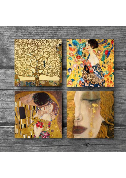 Gustav Klimt Yelpazeli Kadın, Altın Gözyaşları, Öpücük, Hayat Ağacı Taş Bardak Altlığı Masaüstü Koruyucu Altlık 4 Parça Set 10x10cm Stone Coasters SC205