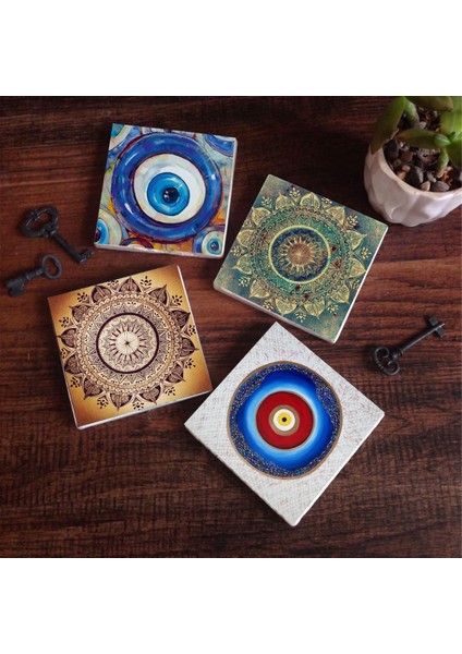 Stone Nazar, Mandala Taş Bardak Altlığı – 4’lü Set, 10x10 cm Dekoratif Masaüstü Koruyucu Doğaltaş Altlık |SC401|