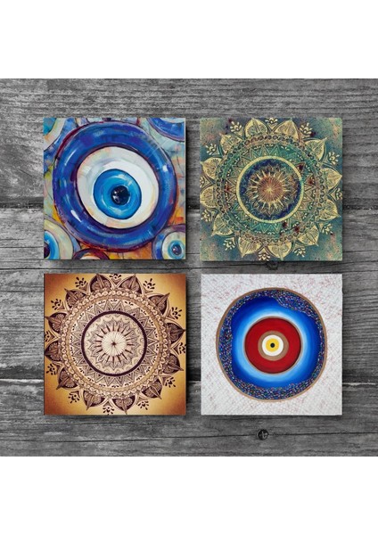 Stone Nazar, Mandala Taş Bardak Altlığı – 4’lü Set, 10x10 cm Dekoratif Masaüstü Koruyucu Doğaltaş Altlık |SC401| modelleri