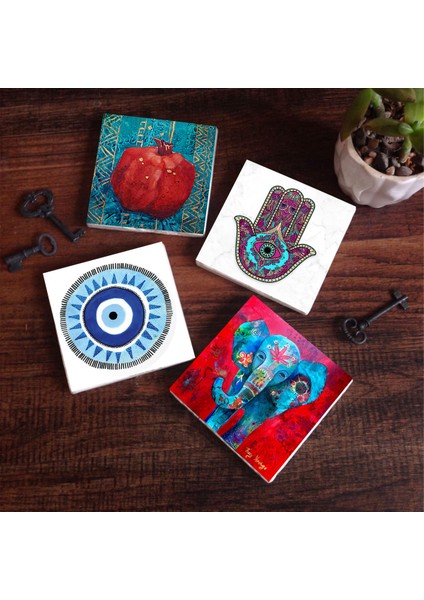 Stone Nazar, Fil, Fatma Ana Eli (Hamsa), Nar Taş Bardak Altlığı – 4’lü Set, 10x10 cm Dekoratif Masaüstü Koruyucu Doğaltaş Altlık |SC206|